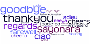 A sign showing Goodbye in several languages